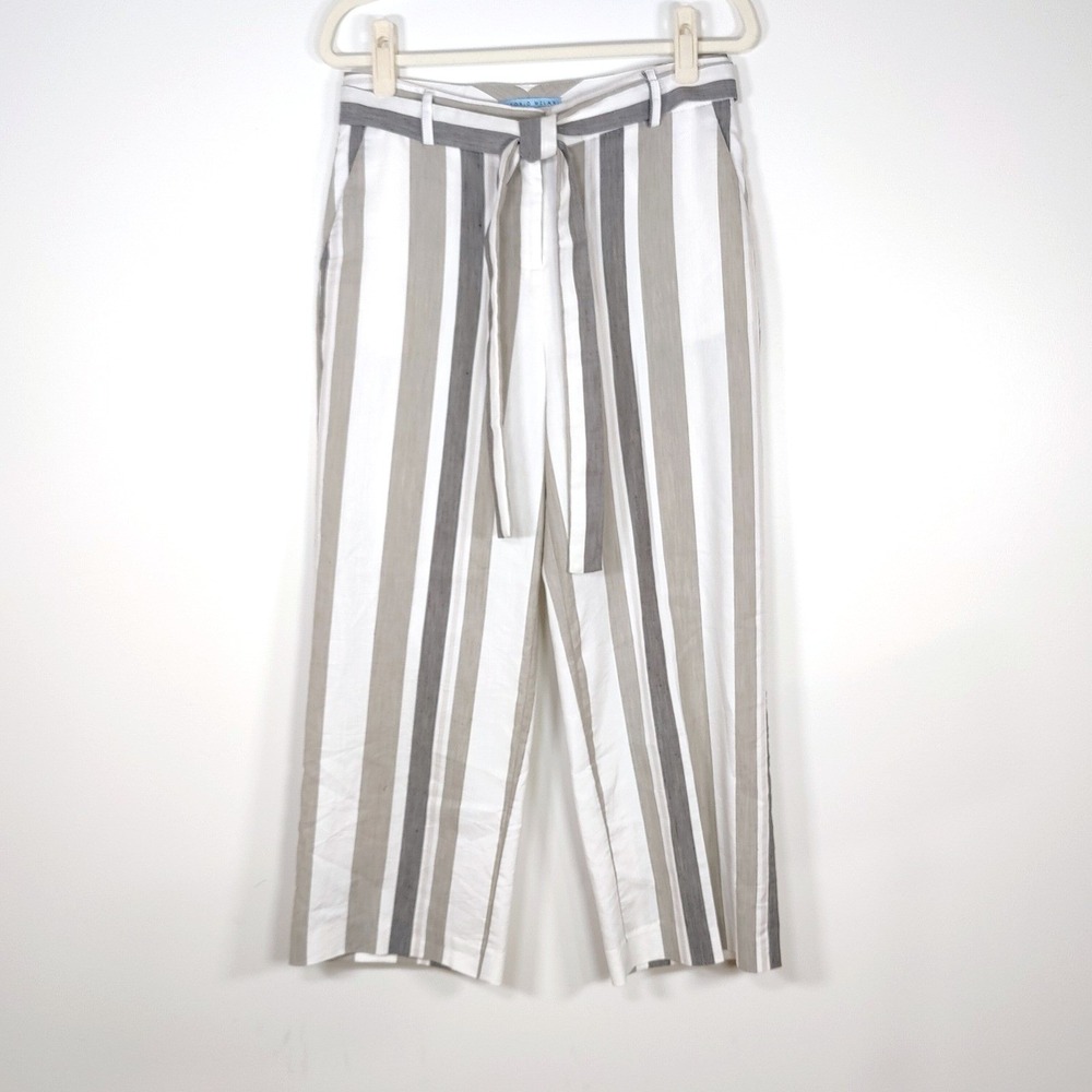 Antonio Melani Striped Linen Blend Crop Pants 6 White Beige Grey Coastal Luxury